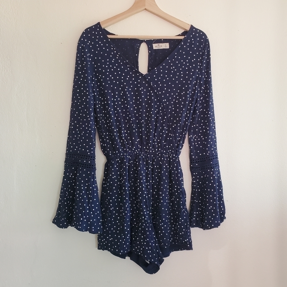 2/$20 Hollister Navy Polka Dots Bell Sleeve Romper